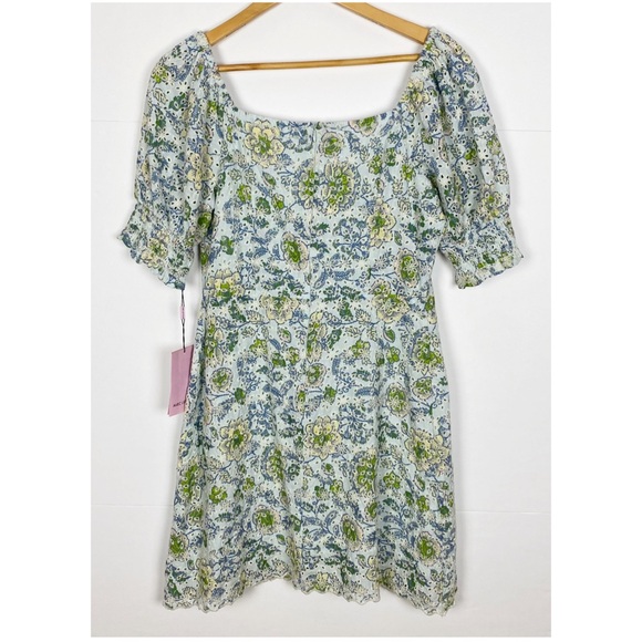 Avec Les Filles Floral Eyelet Puff Sleeve Mini Dress Size Medium Blue Green - Picture 2 of 10